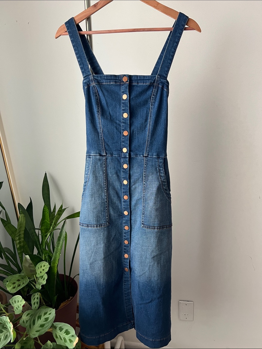 Level 99 Blue Denim Button-Front Pinafore Midi Dress